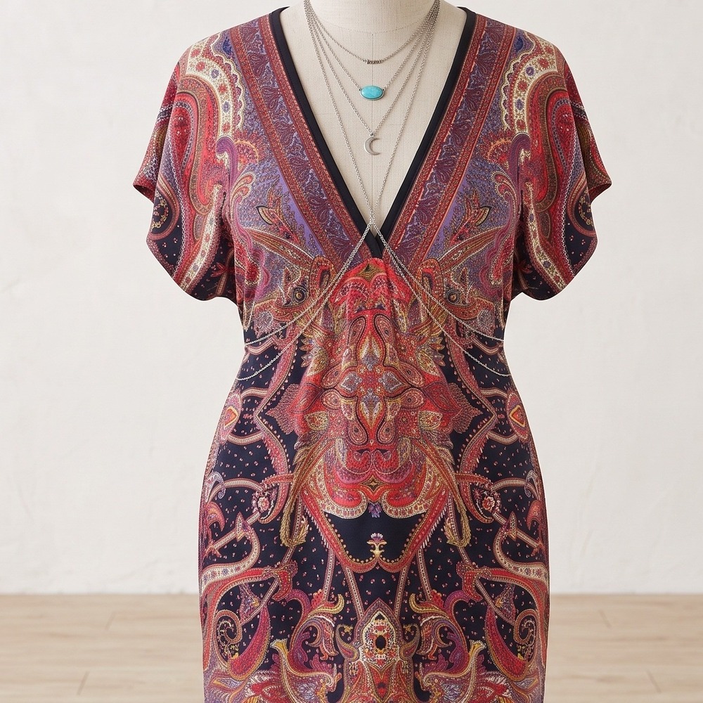 Title: Y2K Forever 21+ Plus Size 1X Boho Paisley Festival V-Neck Mini Dress
